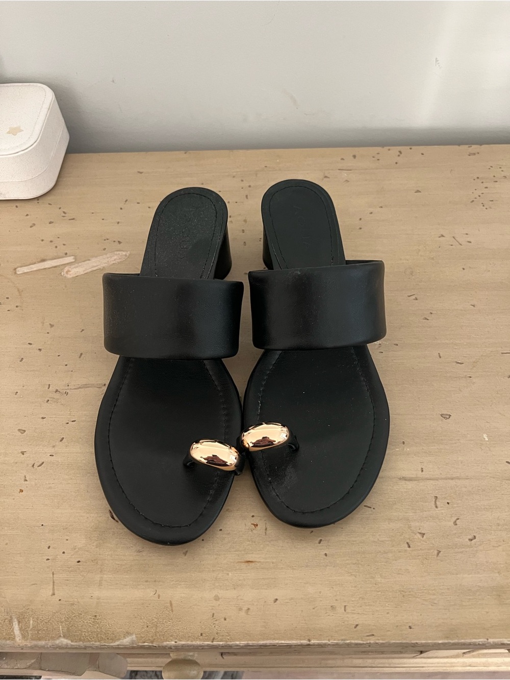 Aqua Black Slide Sandals with Gold Toe-Ring Accent